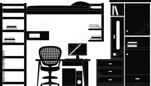 Modern bedroom and home office workstation silhouette including loft bed computer desk ergonomic chair shelving and storage cabinets interior design vector