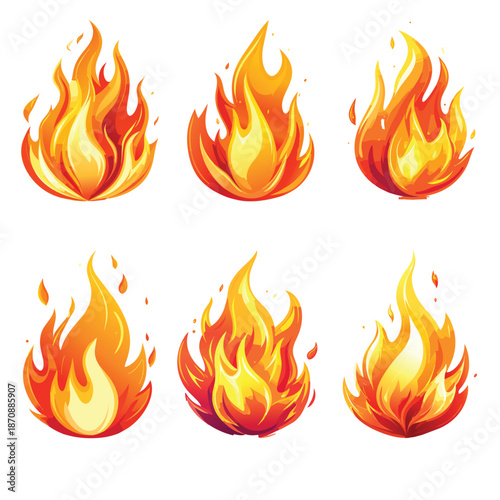 Set of fiery orange and yellow burning flame icons and hot bonfire vector illustrations featuring a warm blaze and heat elements for a powerful inferno design symbol