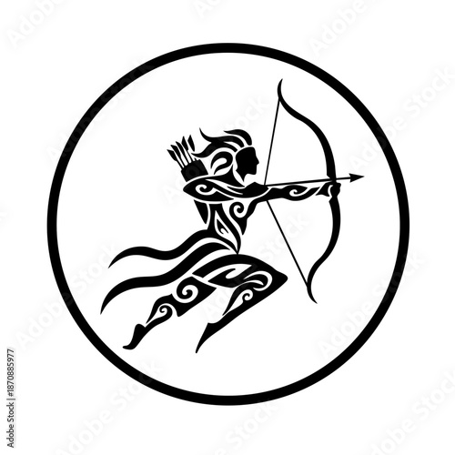 Decorative Tribal Archer Silhouette Inside a Circle Shape Illustration
