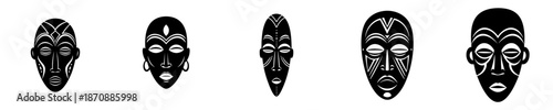 Simple Black and White Tribal Mask Line Art Icon Set Collection
