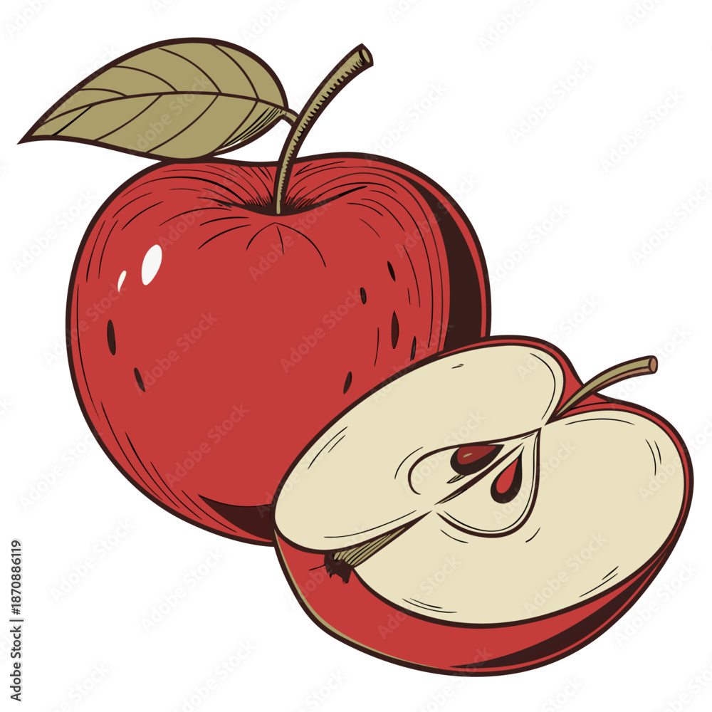 Obraz premium Red Apple Fruit Whole and Sliced Half with Green Leaf Vector Illustration