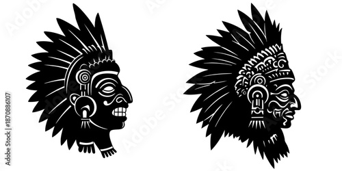 Two Silhouette Indian Chief Headdress Traditional Tribal Decorative Cultural Illustration