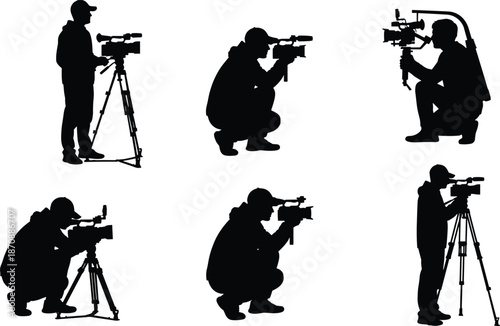 Professional videographer silhouettes, filming with cameras, tripods and gimbal stabilizers, isolated on white background for video production concepts, marketing, advertising