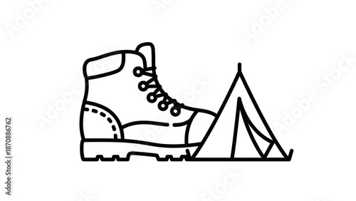 Hiking boot and tent camping gear.