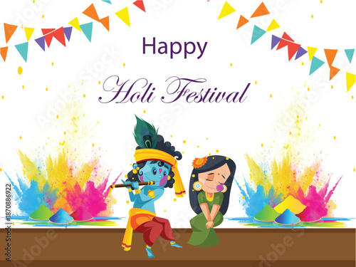 Holi Festival Greeting Backgrounds with Gulal, Bonfire, Lord Krishna, and Happy Characters, Holi Celebration Vector Art Collection