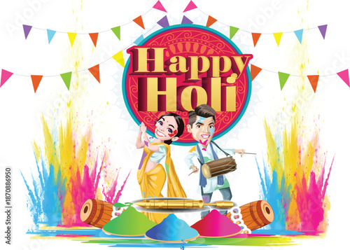 Holi Festival Greeting Backgrounds with Gulal, Bonfire, Lord Krishna, and Happy Characters, Holi Celebration Vector Art Collection