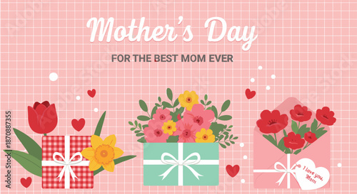 Mothers Day greeting illustration with flower gift boxes hearts and festive love message design
