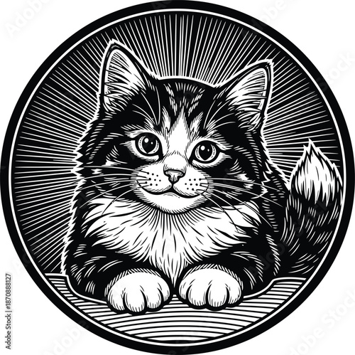 Cute Kitten Portrait Circular Vector Illustration