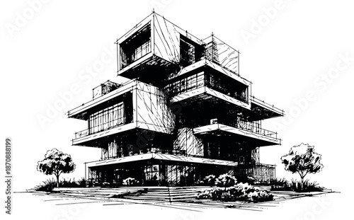 Hand drawn line art illustration of a modern apartment building depicting architectural concept for real estate development