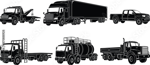 Heavy Truck Silhouette Vector Set, Industrial Transport Vehicle Icons, Semi Truck Tanker Tow Truck and Pickup Stencils for Logistics Shipping Logistics