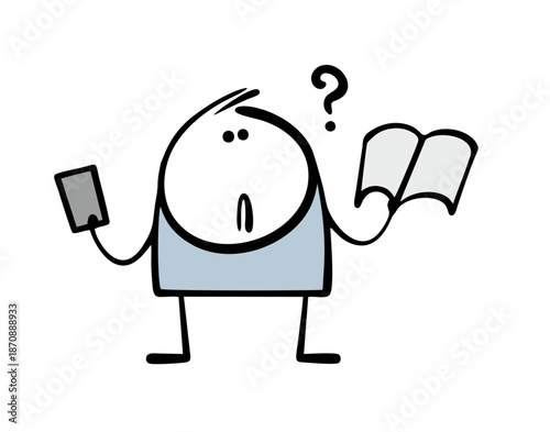Modern child thinks about the benefits of reading. Vector illustration stickman chooses between a book and a gadget. A funny character is holding a smartphone, an actual question mark.