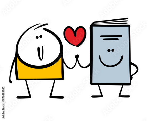 Cartoon boy holds a book by the hand. Vector illustration about the love of reading and the development of intelligence. The fairy-tale character is friends with Stickman.