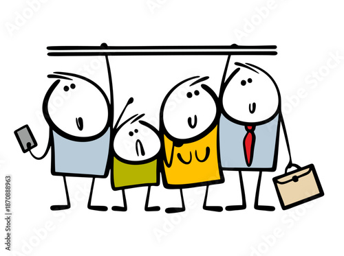 Crowd in public transport, adults holding onto a handrail, a child is trapped between people. Vector illustration of rush hour, cartoon  boy suffering from overcrowding and stuffiness. Problem.