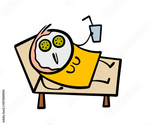 Cartoon woman lies in a spa salon with a mask on her face and drinks a cocktail. vector illustration of a girl in a beauty salon relaxing on cosmetic procedures.