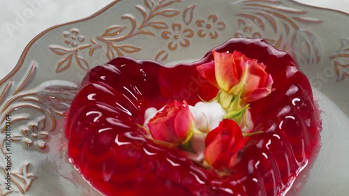 Red heart-shaped Jelly Dessert wobbles when touched with a spoon. 