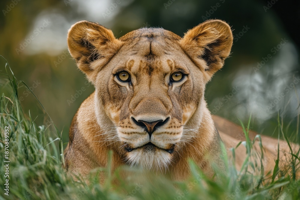 Obraz premium Majestic lioness resting in the tall grass during golden hour light