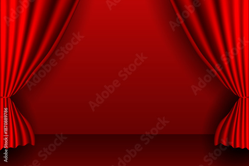 Red theater stage curtains opening to reveal a dramatic background for performance or presentation