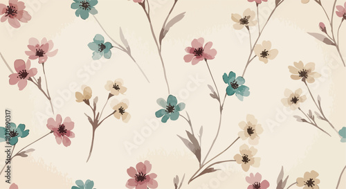  Abstract seamless pattern with flowers and geometric ornament.