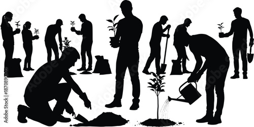 People planting trees silhouettes showing environmental conservation teamwork gardening sustainability nature care outdoor eco activity vector illustration