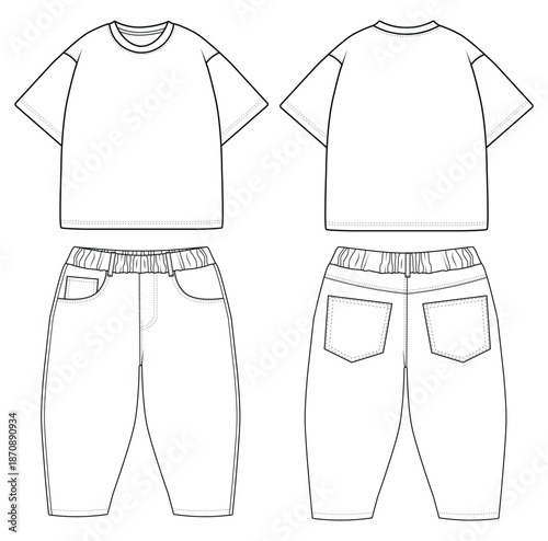 Baby Oversized T Shirt and Jeans Pants Technical Flat Sketch Front and Back View