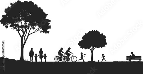 Silhouettes of diverse families cycling walking playing and relaxing in a public park with trees for community outdoor lifestyle projects