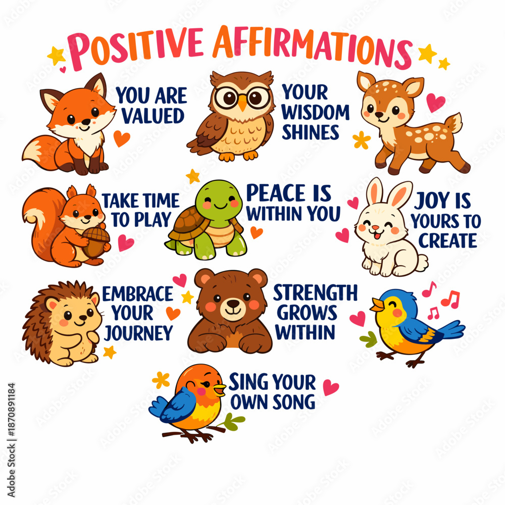 Fototapeta premium cute children's poster with affirmations in pastel colors and various cute animals