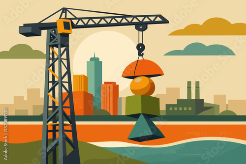The illustration of a crane lifting an incredible stack of geometric shapes above the city against the backdrop of the setting sun looks like a metaphor for construction or impossible growth.
