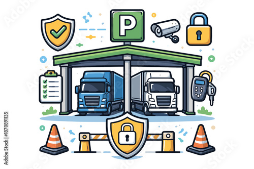 Illustration of a secure parking lot for trucks with all safety features!