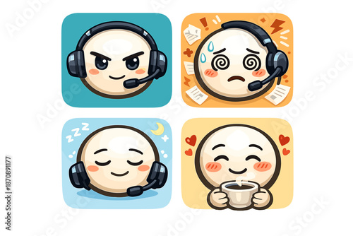 A set of four stylish, round emojis/avatars (for stickers, Discord, Twitch emotes, Telegram, or mobile chats) in a cute but expressive kawaii/chibi style with a main character.