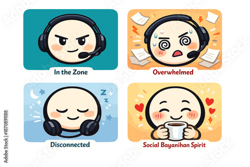 A super cute and very relatable set of emoticons for gamers/streamers! Chibi/kawaii style design, pastel colors, round avatars.