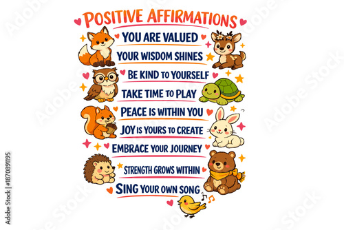 A cute children's poster with affirmations. The colors are pastel, the animals are incredibly cute, and the affirmations are sure to lift your spirits!