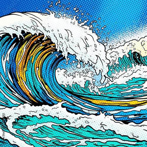 Dynamic Ocean Wave with Dramatic Curl - Pop Art Style