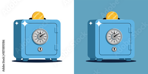 Illustration of a safe with a clock and gold coin on top, symbolizing security and wealth in a simple graphic design