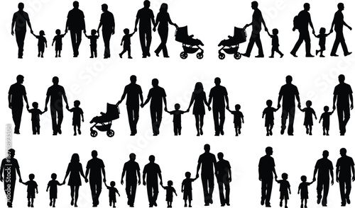 Family walking silhouettes set, parents children stroller together, happy lifestyle people figures, black vector illustration collection isolated