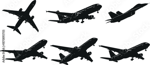 Airplane silhouette set, commercial passenger jet aircraft views, aviation transport travel concept, black vector illustration collection isolated
