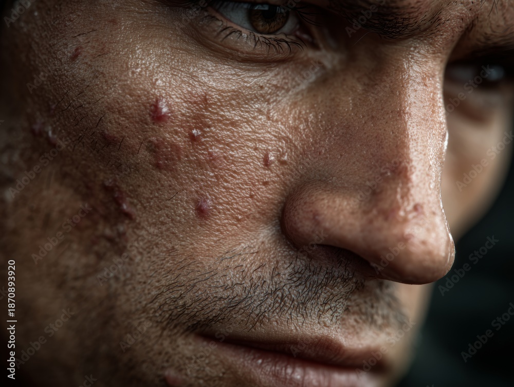 Obraz premium Close up view of a man's face showing acne and skin texture in natural light