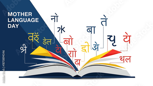 An open book with diverse language characters floating out, celebrating Mother Language Day with a blue and white background.