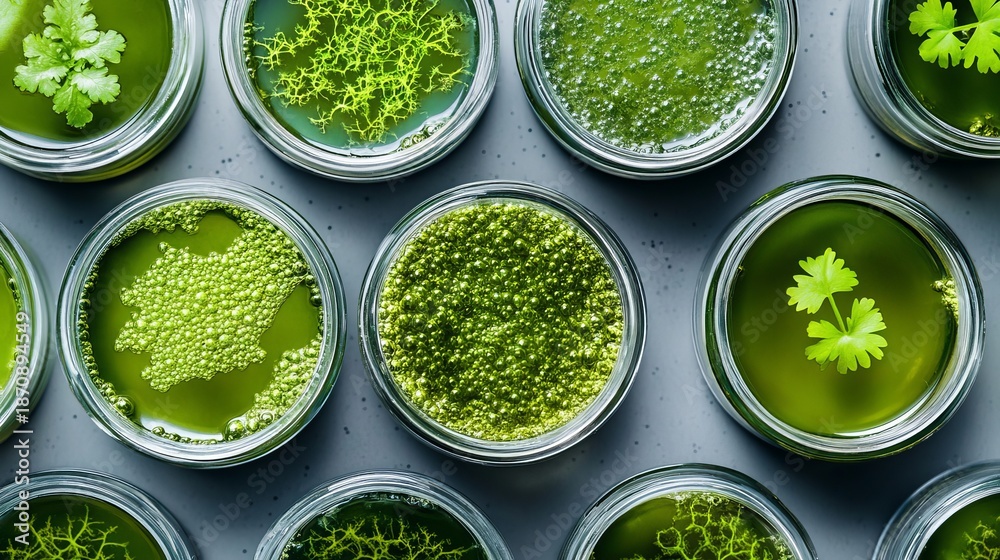 Obraz premium Algae microalgae biofuel research materials in lab flat lay top view