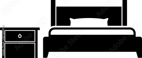 Bedroom furniture silhouette vector illustration, modern bed with bedside table icon, interior home decor concept, sleeping room design, black and white minimal style
