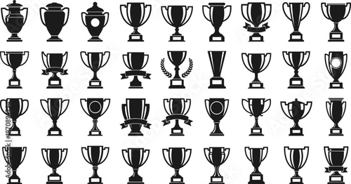 Championship trophy silhouette vector set, award cups and prize icons collection, black and white winner symbols for sports competitions, achievement branding