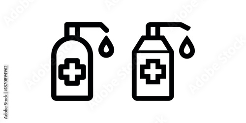 Two hand sanitizer bottles with plus sign and falling drop symbol representing hygiene
