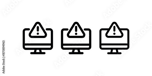 Three computer icons with alert triangle symbol warning of error or problem on screen