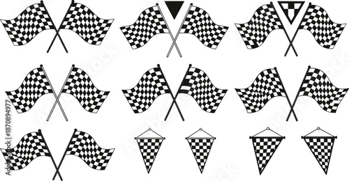 Checkered racing flags silhouettes collection, black vector illustration set featuring crossed finish flags, motorsport symbols, competition victory signs, speed event design