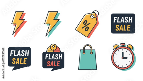 Collection of flash sale promotional elements including lightning bolts, percentage signs, and shopping bags with alarm clocks in a modern graphic design.