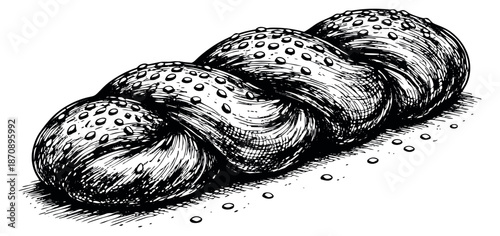 Hand drawn line art illustration of braided bread depicting sesame seeds for a bakery menu