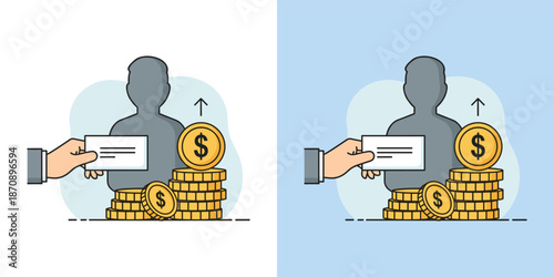 Illustration of a person receiving a check and stacks of gold coins with a dollar sign