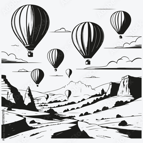 Cappadocia landscapes with hot air balloons sketch illustration vector
