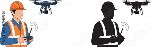 Construction worker operating drone with remote control and silhouette icon set