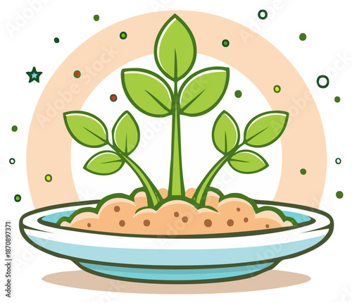 Fresh vibrant green plant sprouts growing in fertile soil in a pot cartoon illustration