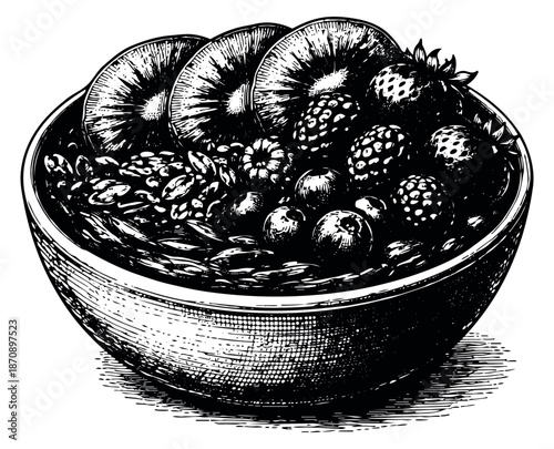 Hand drawn line art illustration of a breakfast bowl depicting kiwi, berries, and granola for a healthy lifestyle